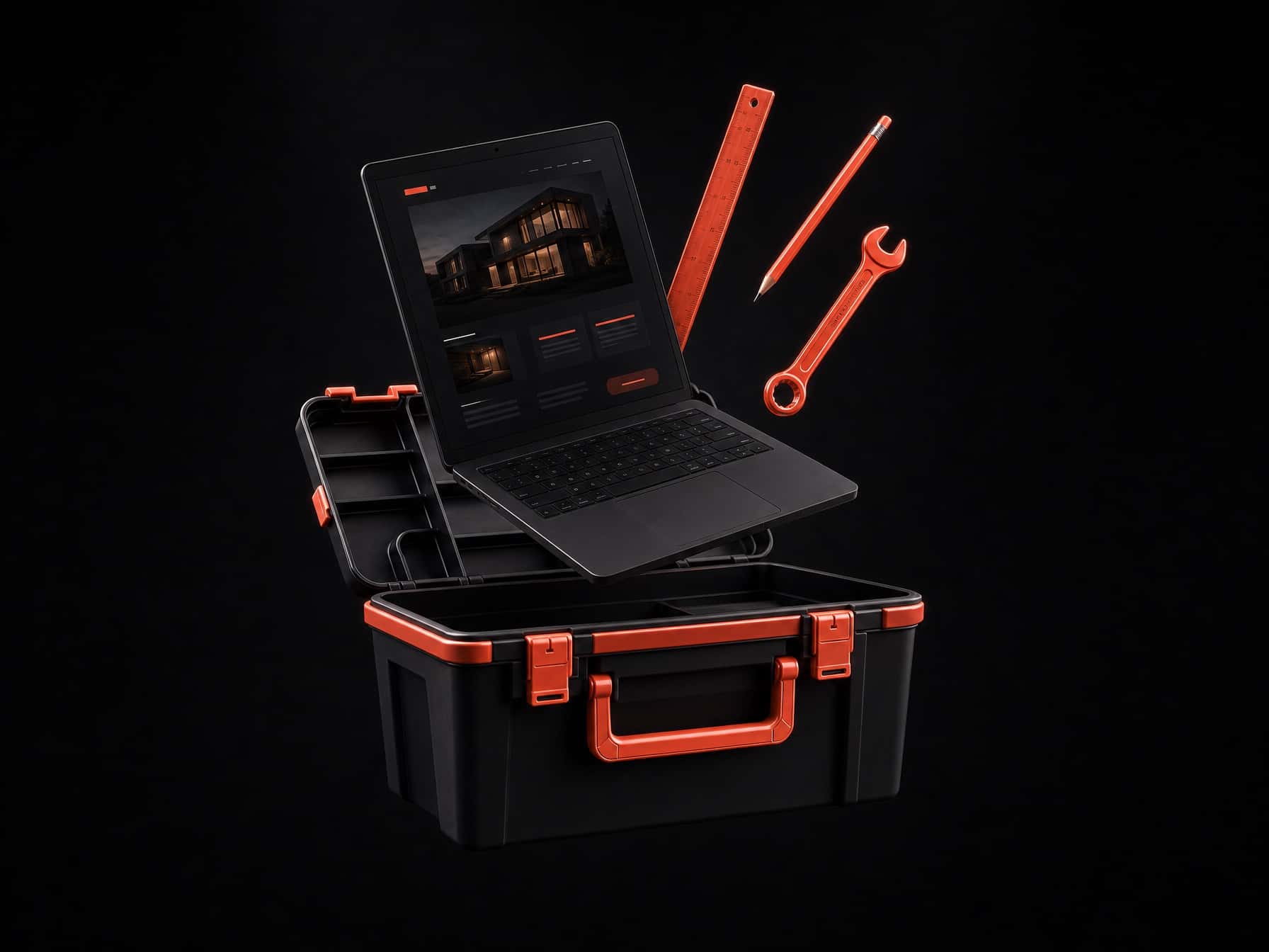 An open black and coral toolbox with a laptop rising out of it, and coral tools floating above