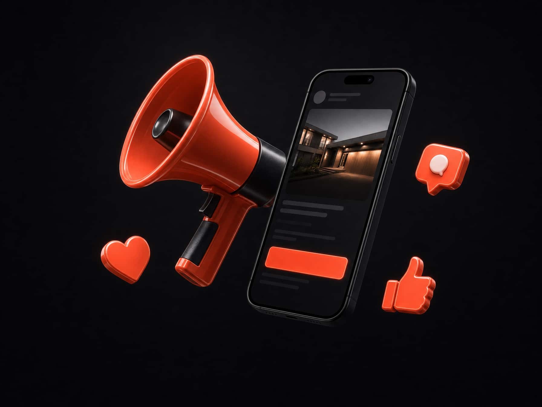 A coral megaphone beside a phone showing an ad, with floating like and heart icons