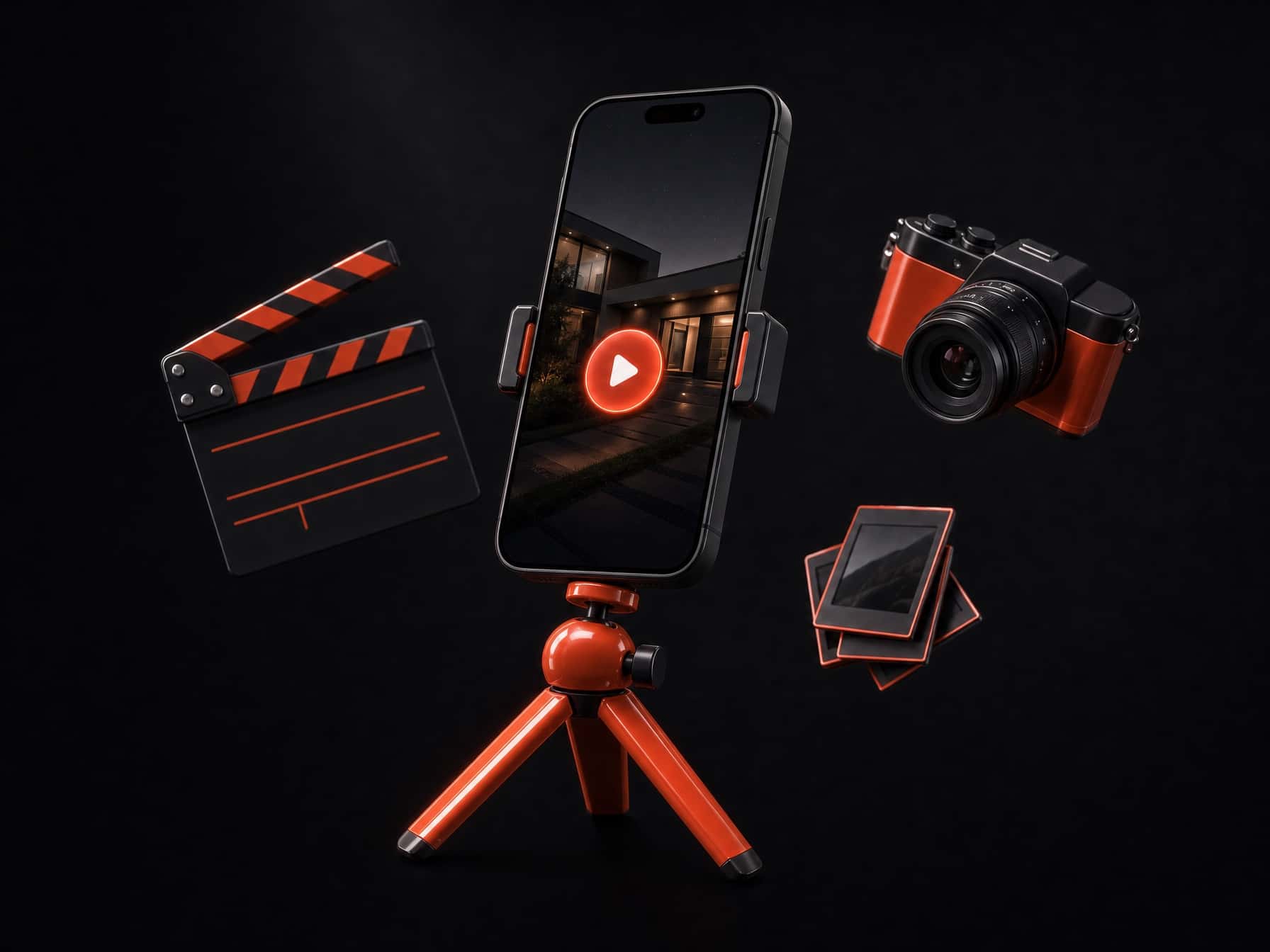 A phone on a coral tripod filming a video, with a clapperboard, camera and photo prints