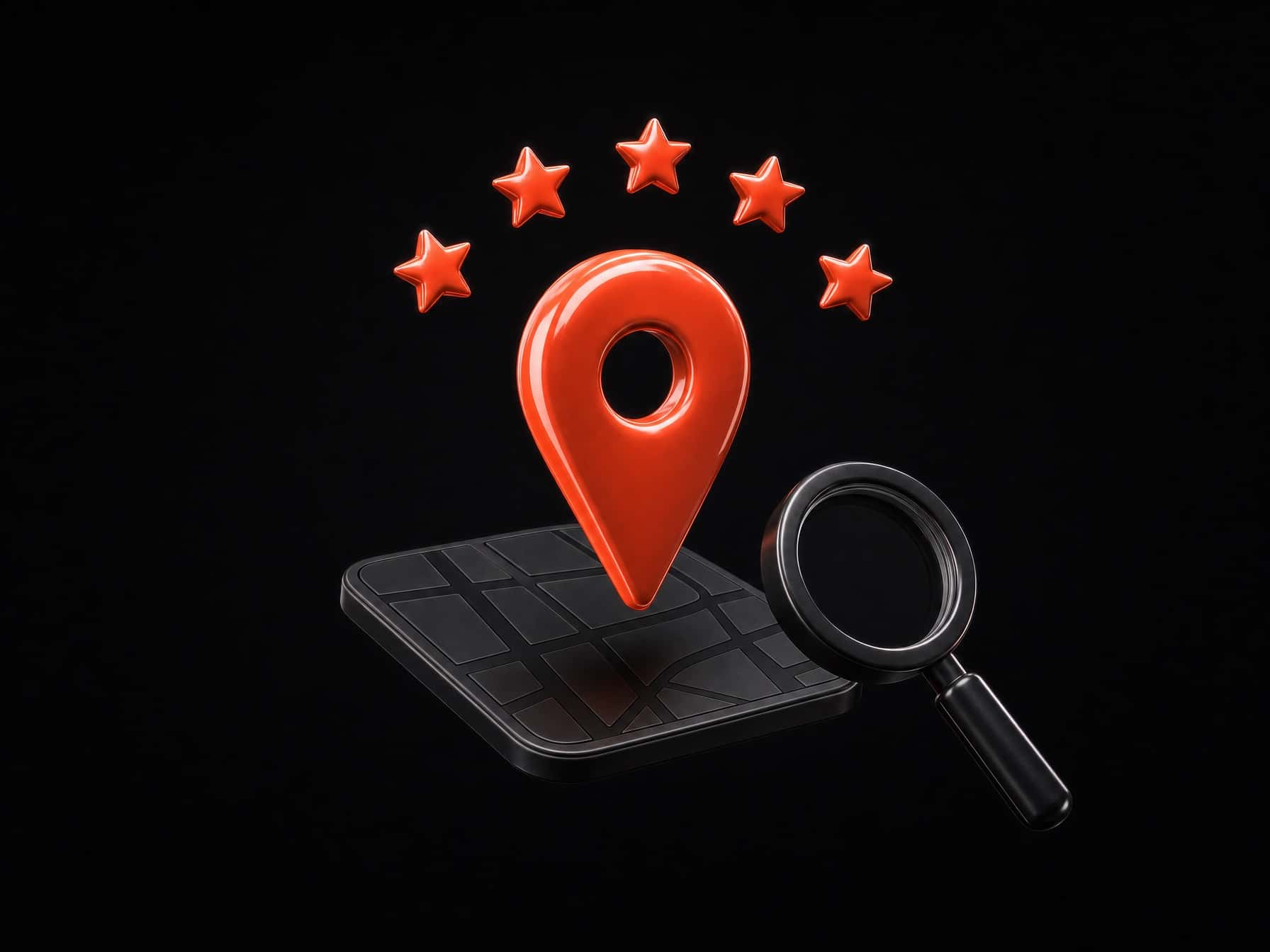 A coral map pin above a city map tile, with a magnifying glass and five coral stars