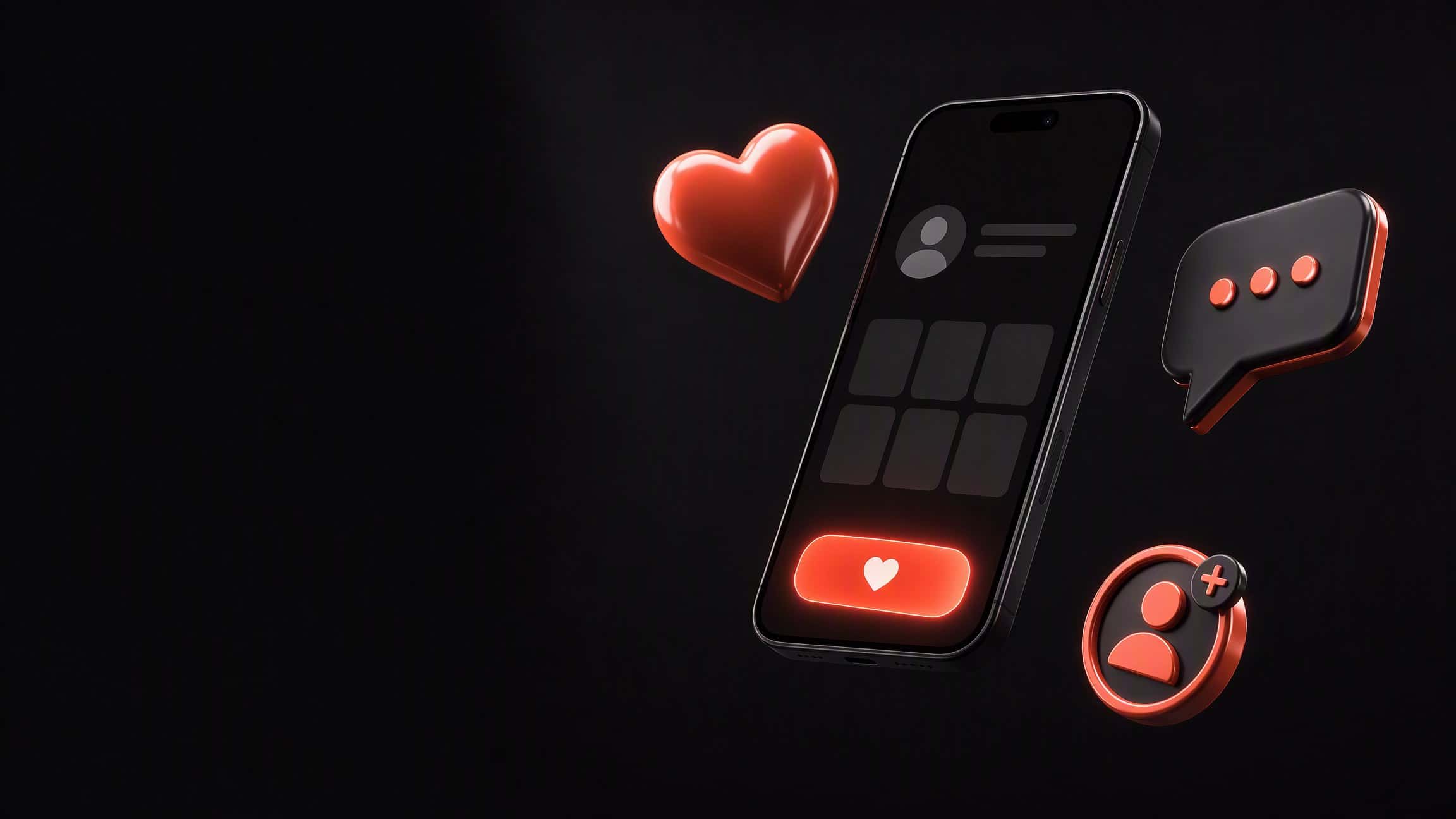 A phone showing a social media feed and a glowing like button, with a coral heart, a speech bubble and a new follower badge floating around it
