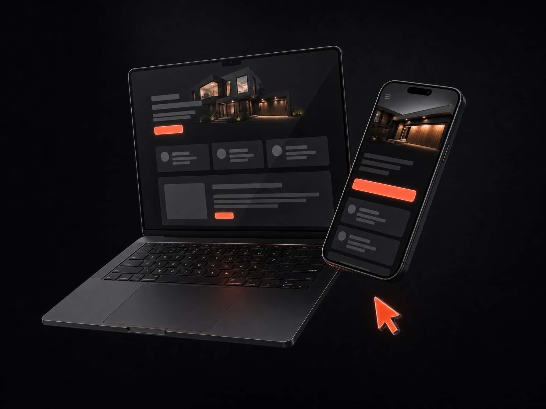 A laptop and phone showing a dark business website with coral buttons
